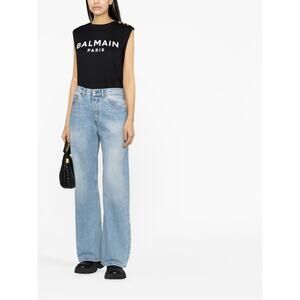 Balmain Flocked Logo Button Embellished Tank Top Size 40